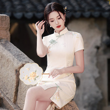 2024夏季新款国风韩国麻复合改良版单层旗袍小个子短款小短裙