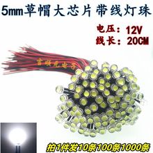 12V带线发光二极管5mm草帽大芯片高亮白光散光LED灯珠焊线 长20CM