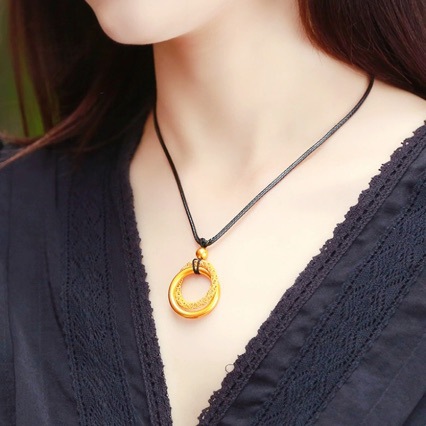 古法沙龙金双环吊坠女新款平安扣项链编绳挂坠铜镀金坠子首饰品