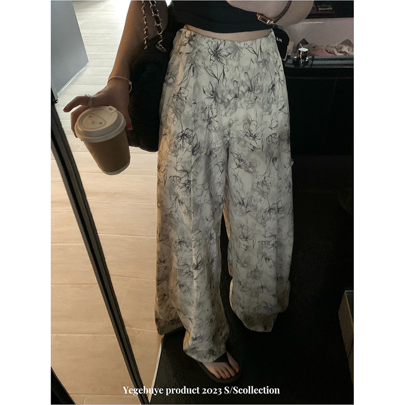 ekool ink printing chiffon high waist draping wide leg pants women‘s summer thin versatile loose casual mopping pants