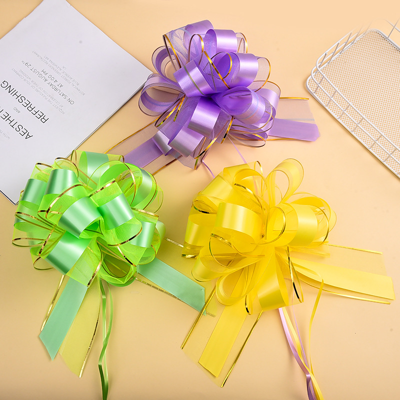 70#纱金边手拉球花结婚立车装饰彩带手拉花球大号蝴蝶结手拉花球