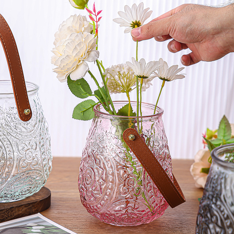 Internet Celebrity Handle Vase Belt Creative and Classical Glass Vase Color Home Store Decoration Vase Flower Container