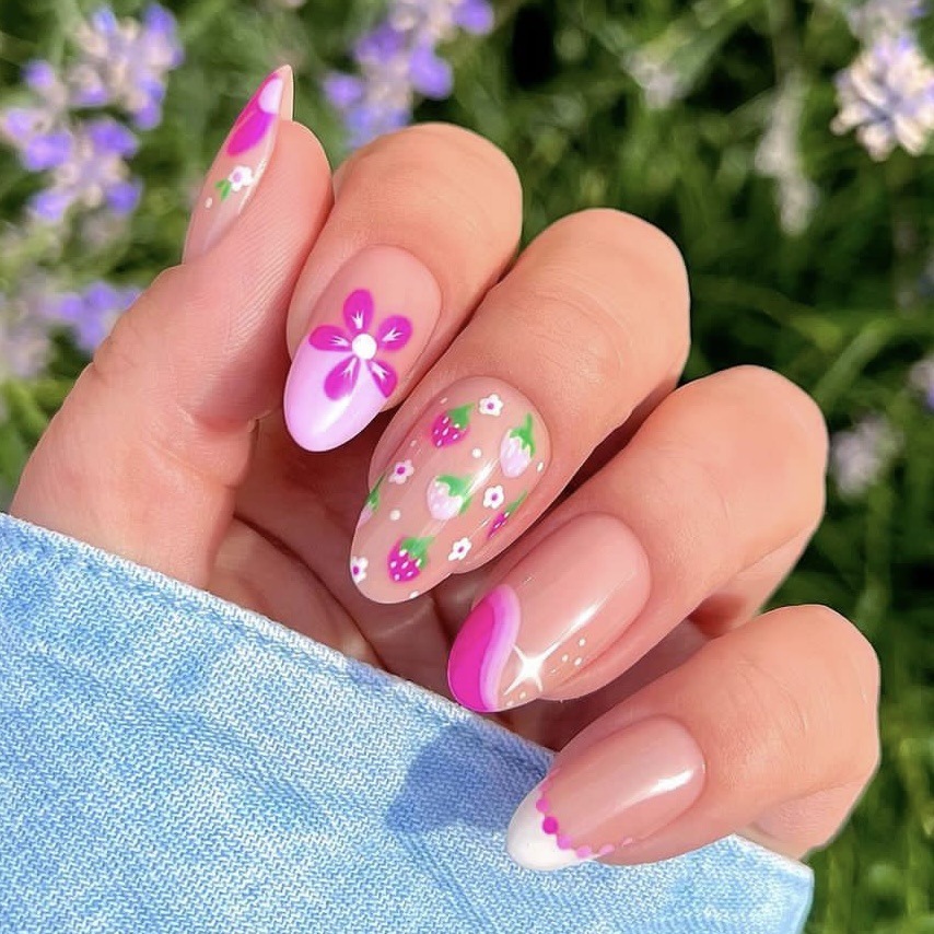 short almond early spring contrast color flower strawberry french sweet blooming ins fake nails wear nail manicure 24 pieces