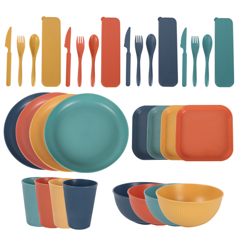 32-piece set of wheat straw tableware nordic dinner plate knife， fork and spoon bowl dish tableware outdoor portable set wholesale cross-border