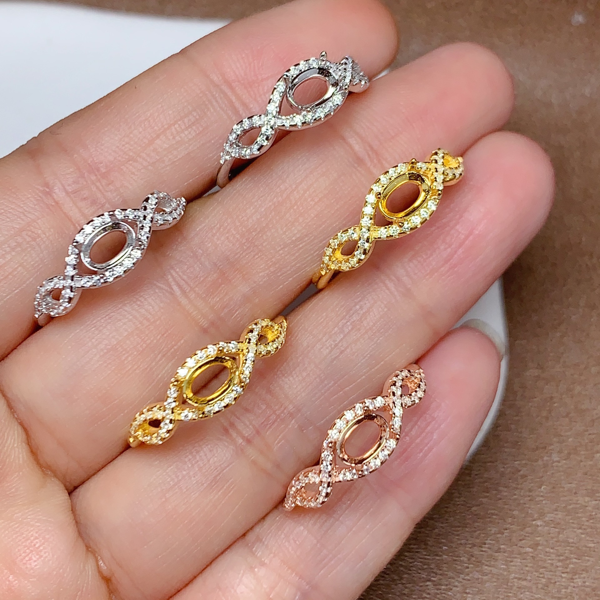 坤爱珠宝s925银电镀18k未镶嵌裸石4*6椭圆戒指空托女工厂直销跨境