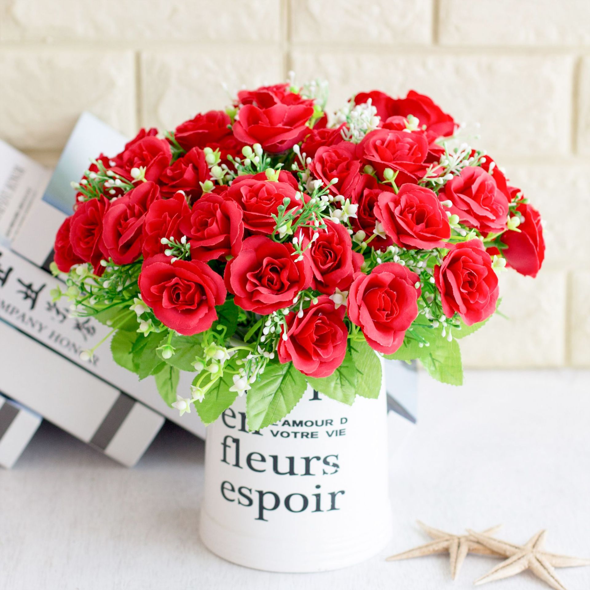 仿真5叉田野玫瑰花 绢花摆放装饰花卉 家居摆放假花婚庆摄影用花