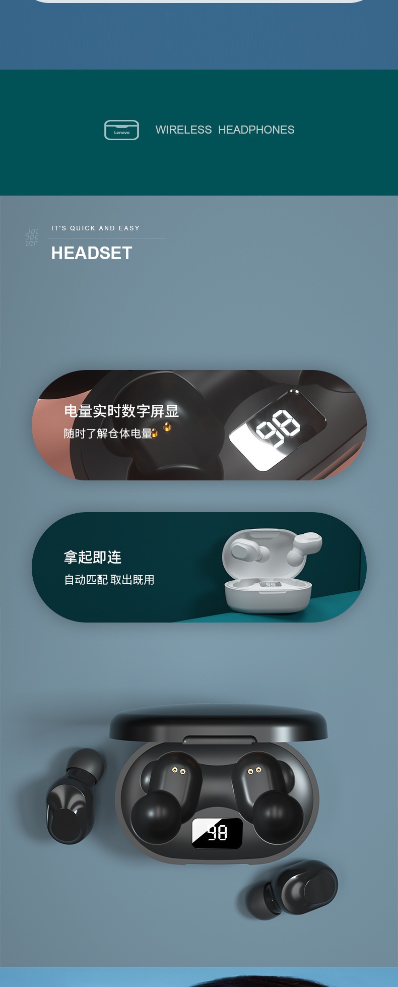 适用lenovo联想xt91 tws无线蓝牙耳机双耳运动续航蓝牙耳塞