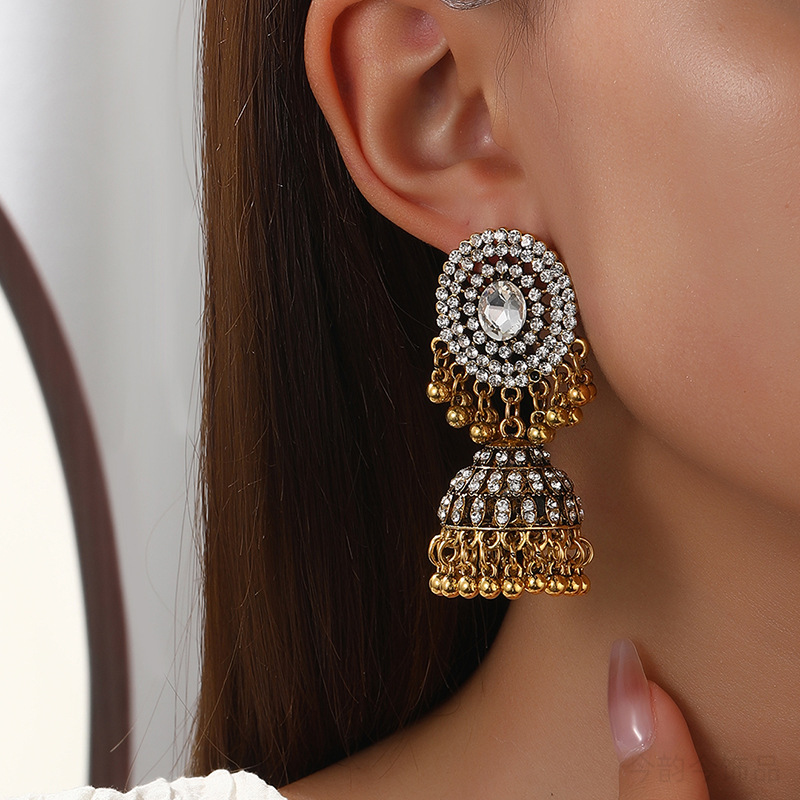 跨境印度风中东耳环镂空满钻时尚百搭夸张铃铛流苏耳坠欧美复古