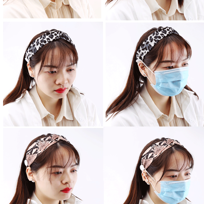 境外电商豹纹口罩发带 欧美雪纺防勒纽扣头带瑜伽束简约发饰头带