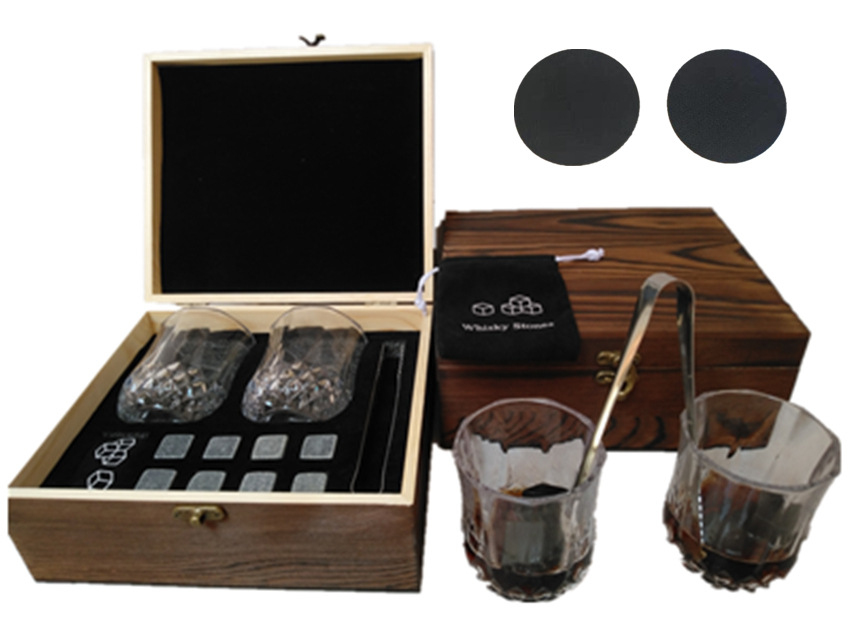 6 PCs Whiskey Stone Suit Wooden Box with Glass Whisky Stones Set Suit Whiskey Stone Wooden Box