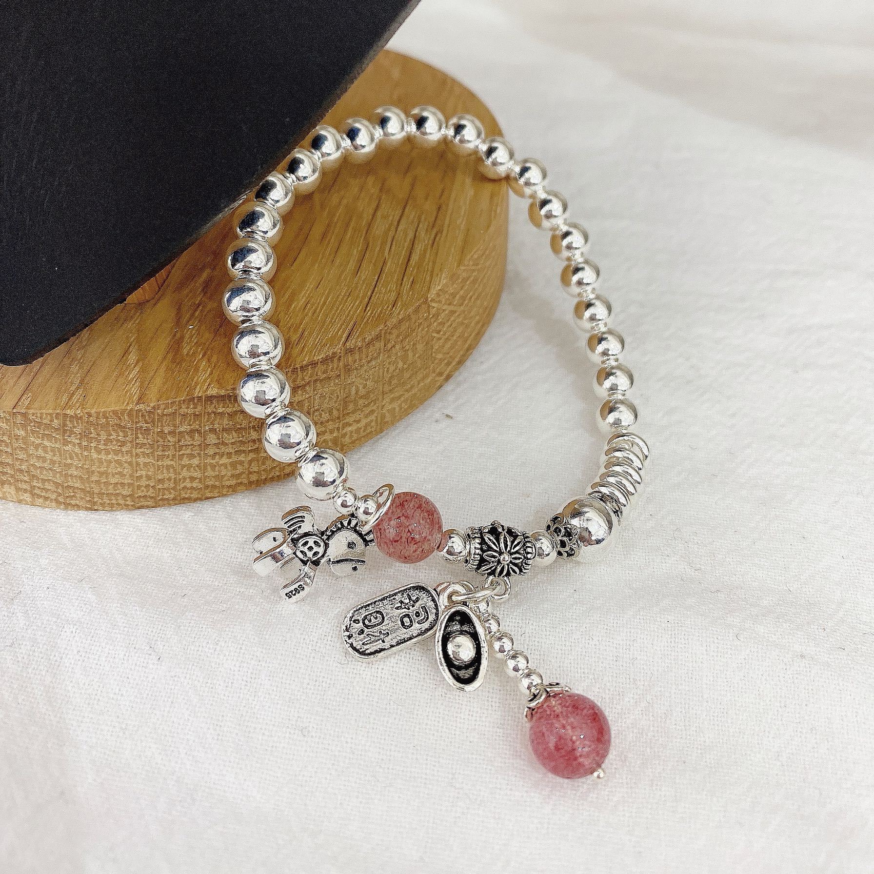 925纯银马上有钱手链女双层银珠转运珠招财草莓晶手链ins小众手串