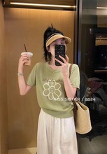 韩版休闲可爱花朵字母刺绣圆领短袖针织衫女夏季新款百搭短款上衣