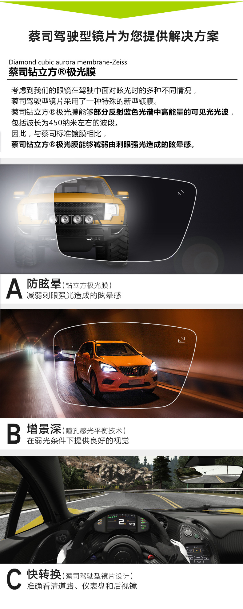 蔡司驾驶型1.5 1.6 1.67 1.7 单光镜片 渐进型镜片 变色极光膜