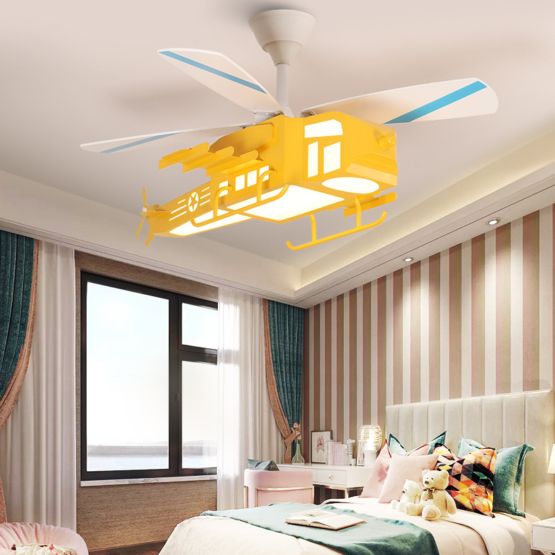 One Piece Dropshipping Children's Room Fan Lamp 2022 New Bedroom Aircraft Ceiling Light Cartoon Mute Wooden Leaf Ceiling Fan Lights