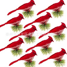 圣诞红鸟松枝红雀鸟夹圣诞逼真羽毛鸟带夹子用于圣诞树装饰