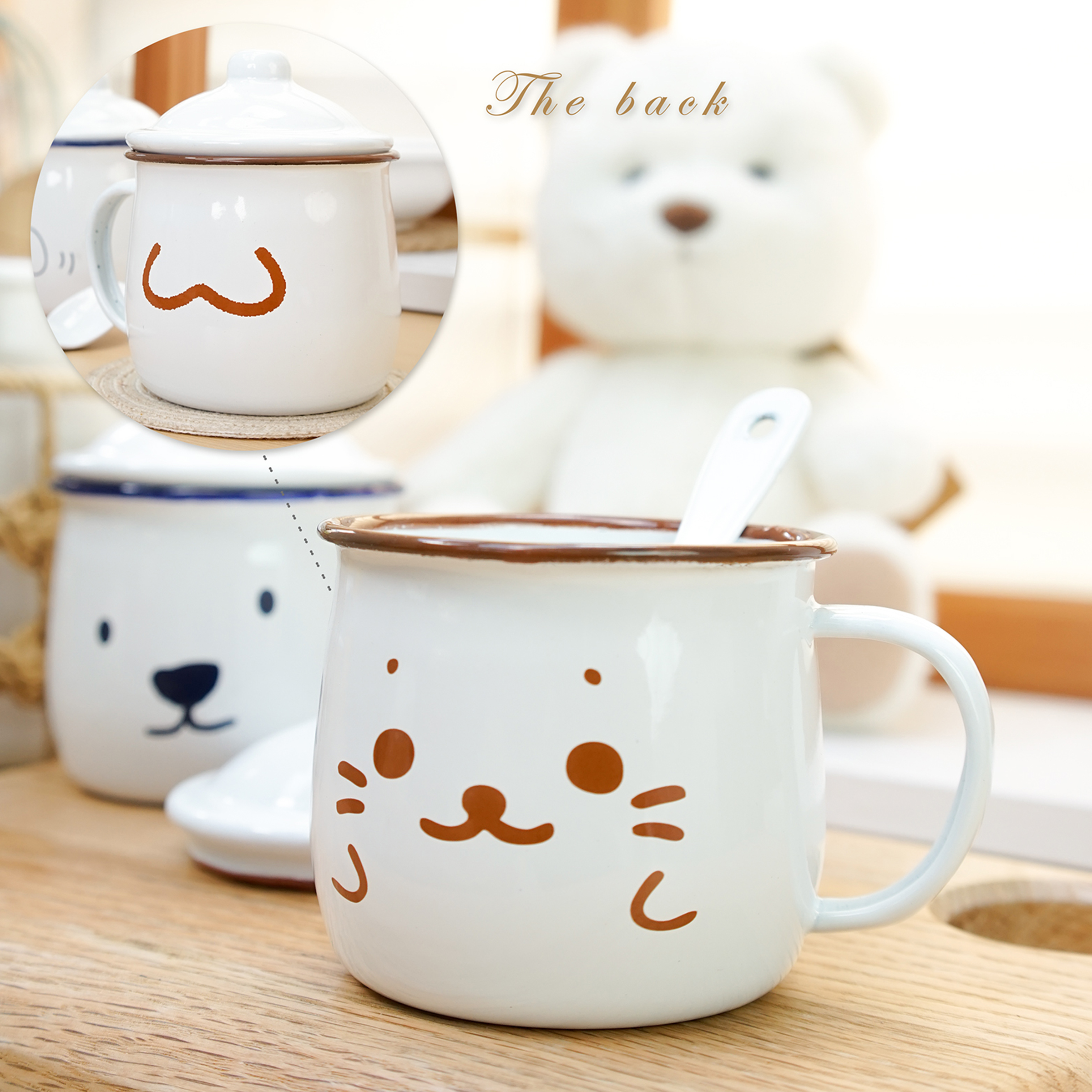 肥龙可爱兔兔搪瓷杯带盖儿童家用早餐杯子可爱创意马克杯仿陶瓷杯