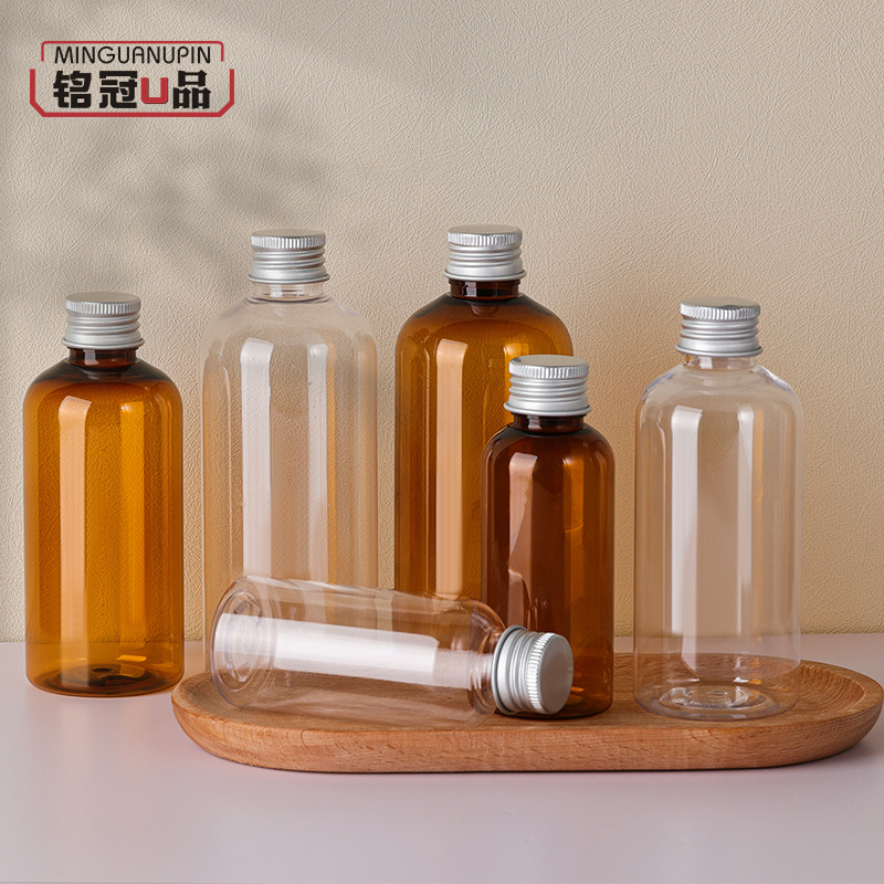 现货铝盖100ml200ml300ml pet透明茶色玫瑰纯露化妆品包装 分装瓶