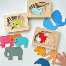 跨境幼儿童多层拼图早教益智积木质3d立体拼板智力开发男女孩动物