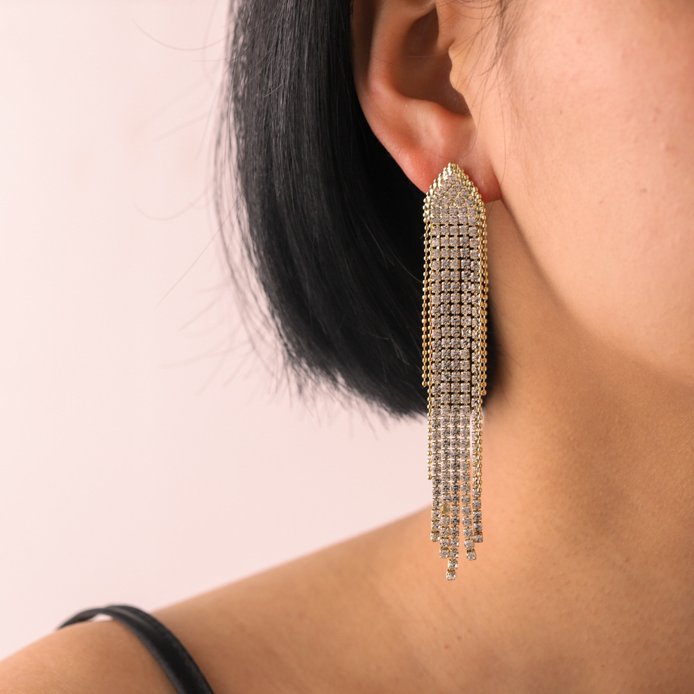 气质奢华满钻流苏耳环宴会礼服新娘配饰水钻长耳坠s925银针耳饰女