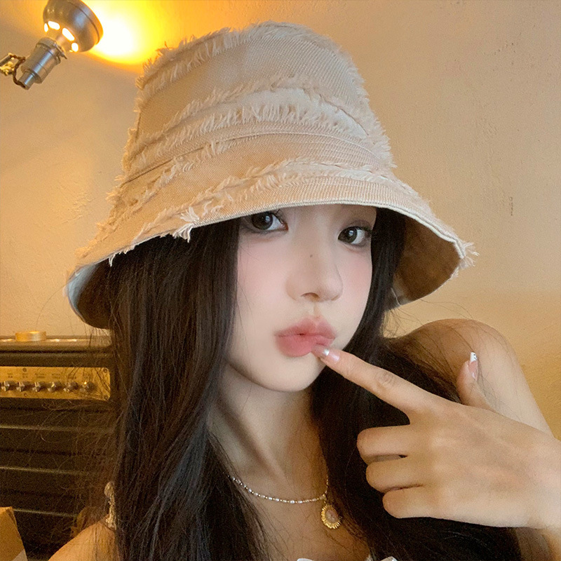 Japanese Style Solid Color Frayed Edge Reversible Fisherman Hat Female Online Influencer Ins All-Match Plain Face Bucket Hat Face-Looking Small Bucket Hat Fashion