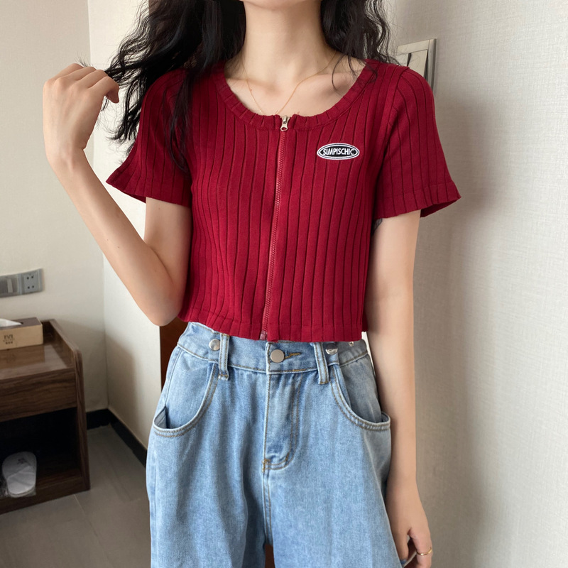 网红黑色短款针织T恤女春夏装2022新款设计感拉链短袖上衣服ins潮