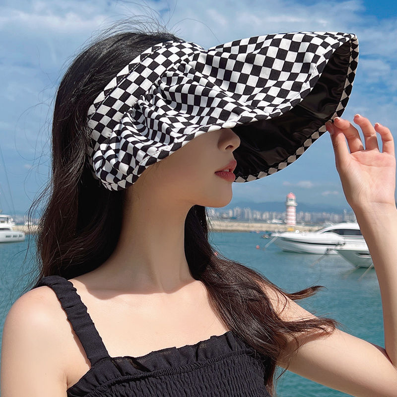 New Black Rubber Cap Plaid UV Protection Hat Female Summer All-Match Soft Beach Hat Sun Protection Hat Wholesale