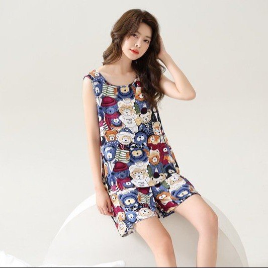 棉绸睡衣女夏季宽松卡通人造棉家居服套装外穿休闲短裤背心两件套