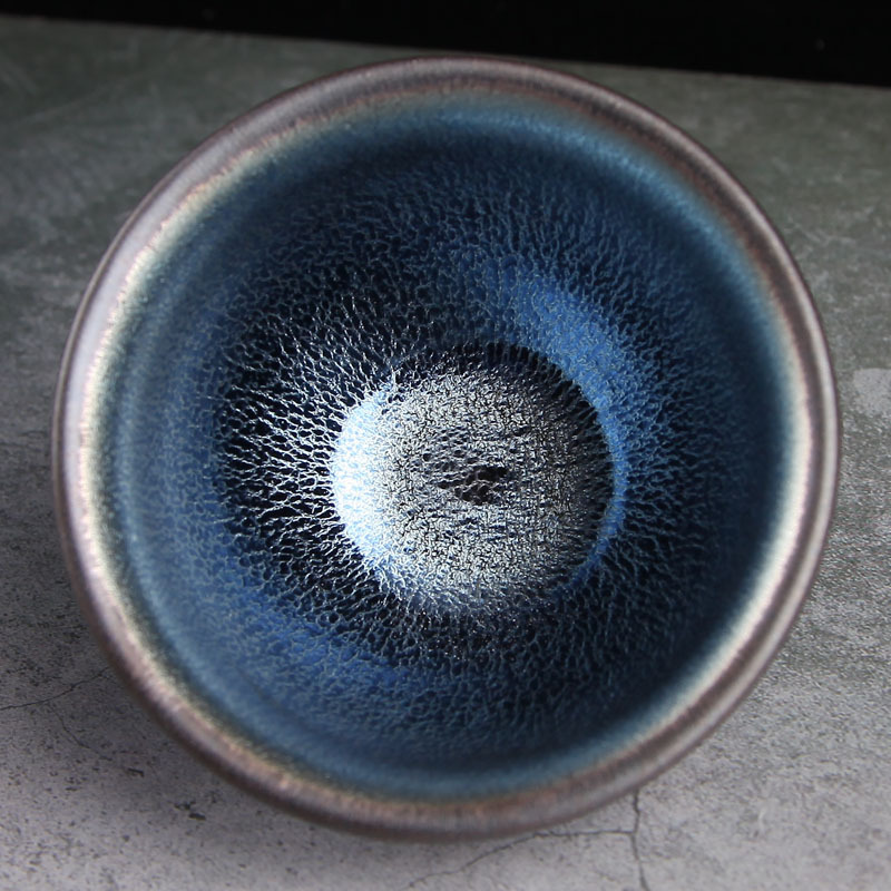 建阳原矿铁胎建盏茶杯陶瓷品茗杯蓝麒麟百花油滴禅定窑变天目茶盏