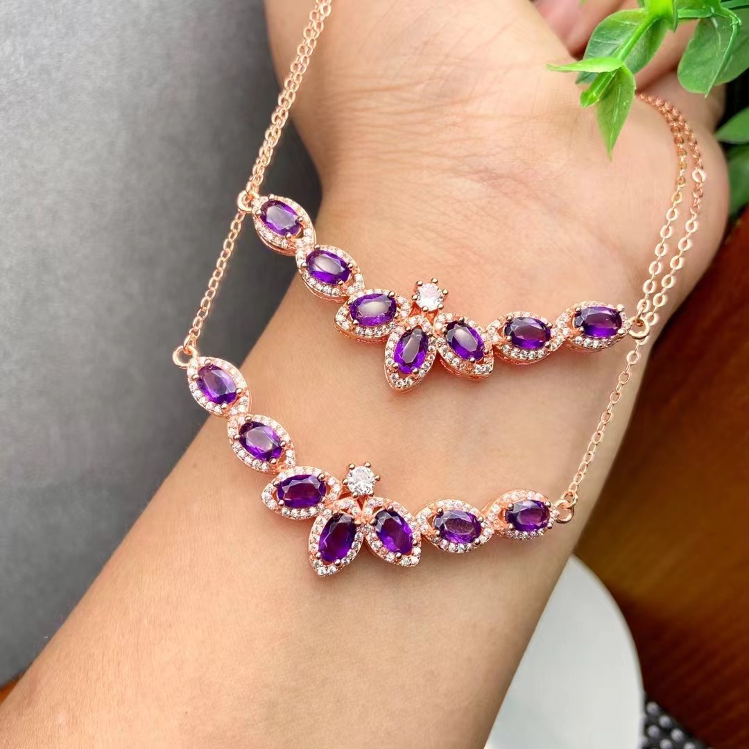 包邮天然紫水晶项链女锁骨s925镀银彩宝石吊坠轻奢小众高级感饰品