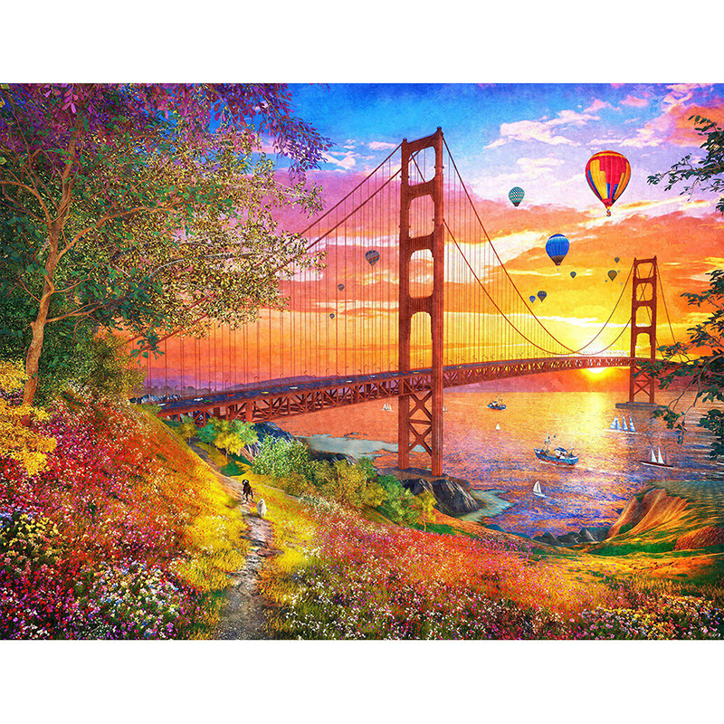 5d新款钻石画 满钻风景傍晚夕阳金门大桥diy钻石绣装饰画跨境专供
