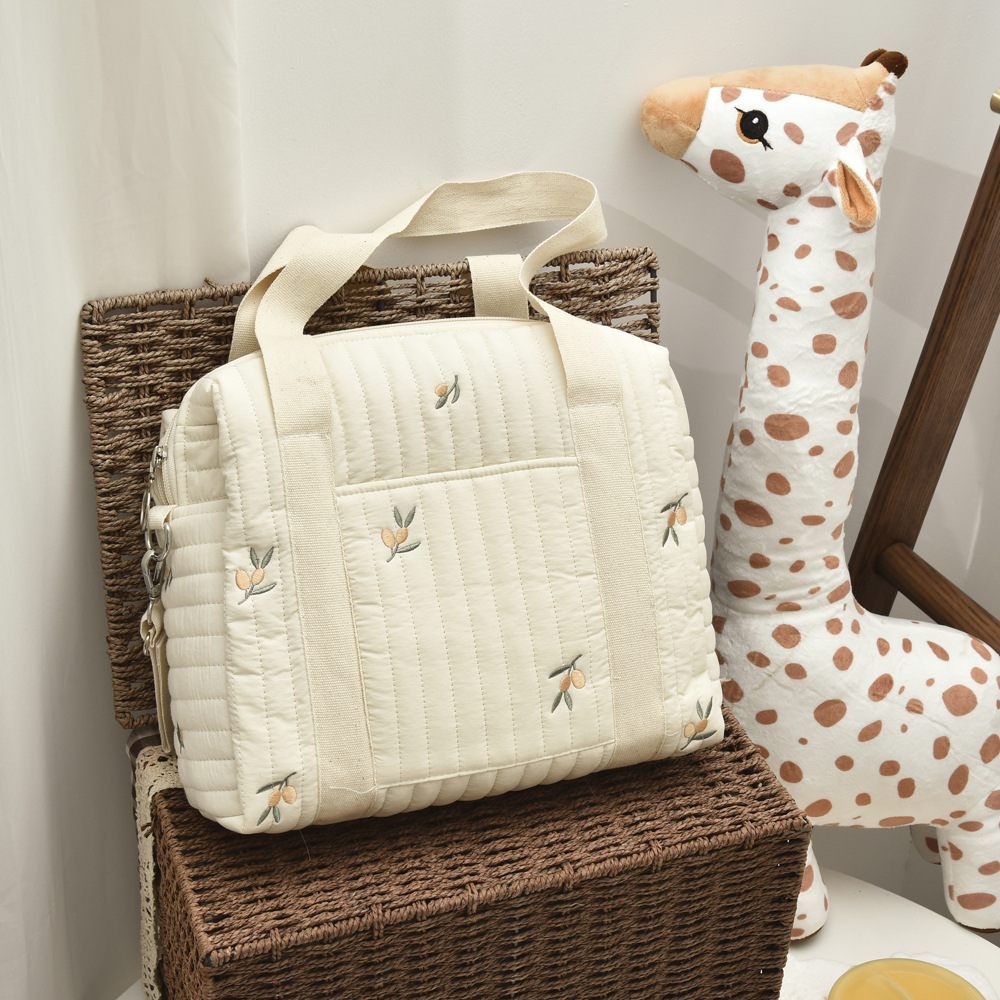 INS New Zipper Embroidery Cotton Mummy Bag Handbag Stroller Saddlebag Diaper Bag Mother and Baby Organizing Bag