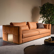 焦糖色沙发意式极简皮沙发客厅 真皮沙发工厂定制客厅直排皮沙发