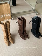 褶皱堆堆靴子女2025夏季新款两穿尖头骑士靴可折叠内增高长筒靴