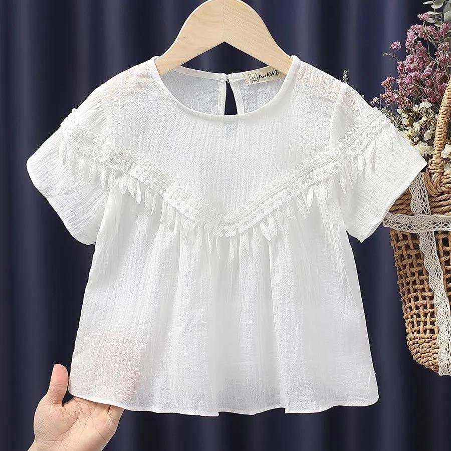 包邮女童棉麻上衣宽松纯色夏装短袖衣服女宝宝夏季娃娃衫半袖新款