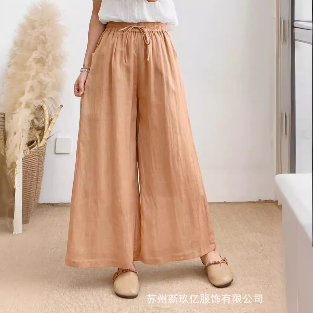 2024夏新款苎麻阔腿裤女文艺复古松紧腰双层百搭宽松休闲裤-阿里巴巴