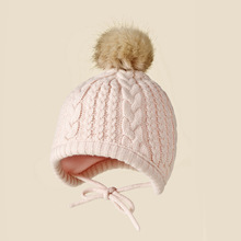 儿童冬季新款 粉色绞花针织帽加绒毛线帽