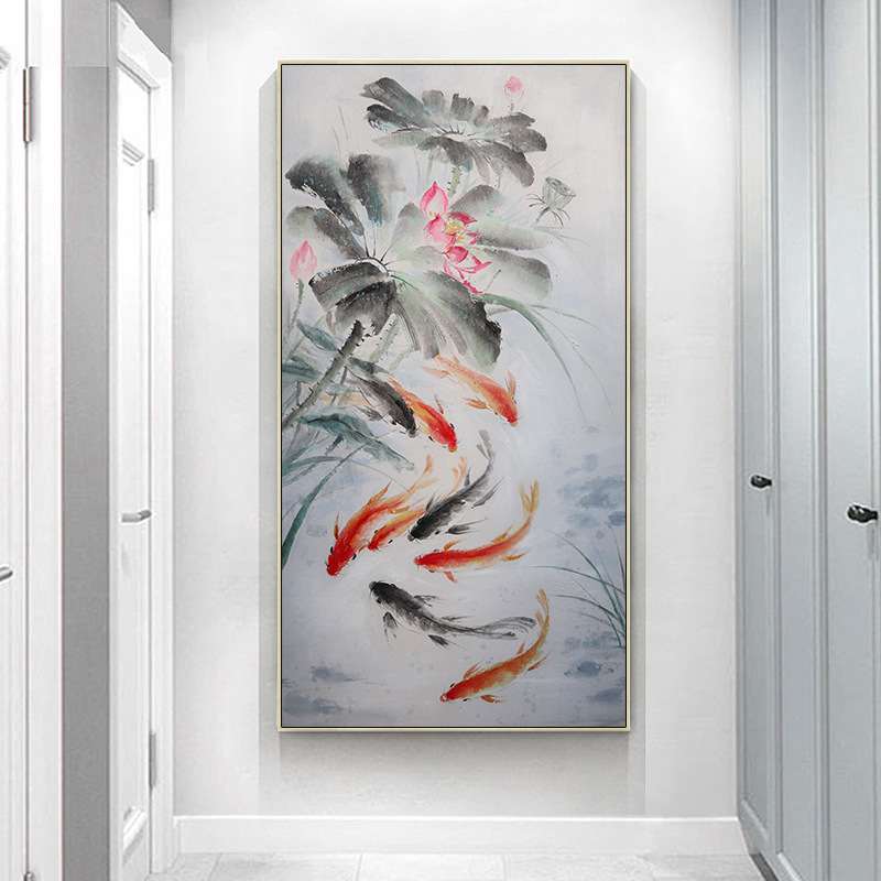 手绘现代九鱼图荷花轻奢新中式玄关油画装饰画走廊入户过道挂画