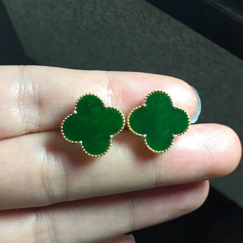 天然a货缅甸翡翠耳饰冰种细润满色辣阳绿四叶草18k金镶嵌女款耳坠