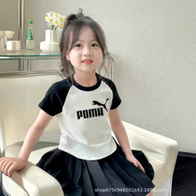 跨境女童纯棉拼色短袖t恤修身儿童夏装韩版女孩高腰时髦短款上衣