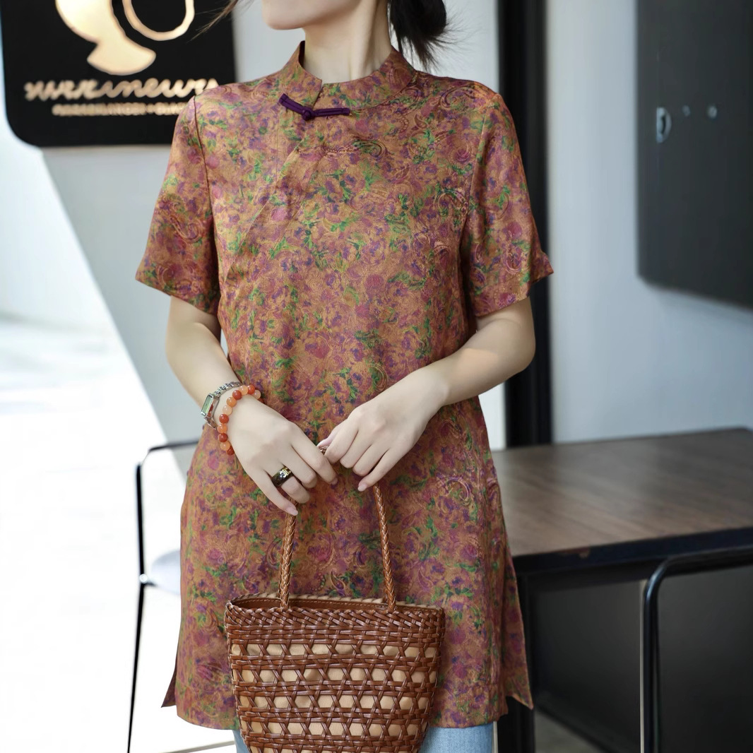 南油批发夏季新款 真丝提花桑波缎双面印 香云纱工艺盘扣上衣衬衫