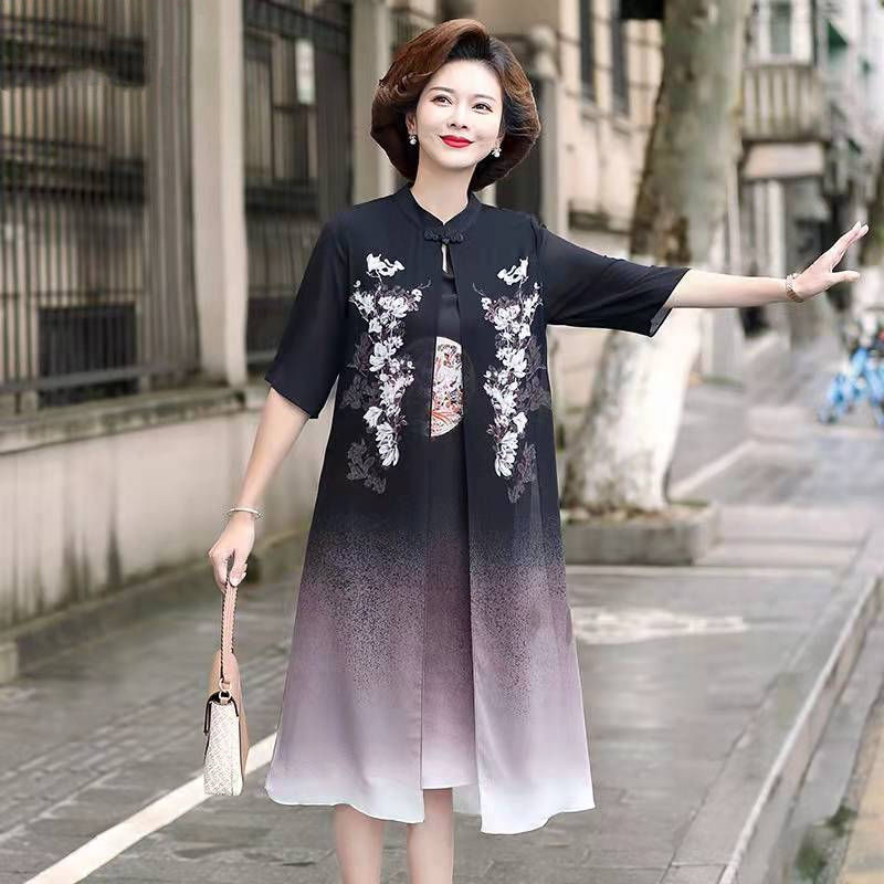 Middle-Aged Mom Dress Chinese Style Cheongsam Summer 40-Year-Old 50-Year-Old Women Wear Middle-Aged and Elderly Elegant Dress