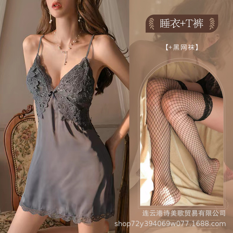 Sexy Pajamas Sexy Lingerie Large Size Lace Foreign Trade Wholesale Plump Girls Slip Nightdress Push up with Breast Pads 100.00kg