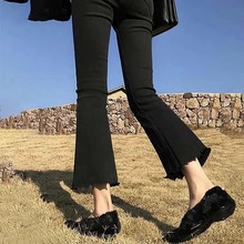 2024年春季新款黑色微喇牛仔裤女士高腰显瘦修身弹力毛边喇叭裤子