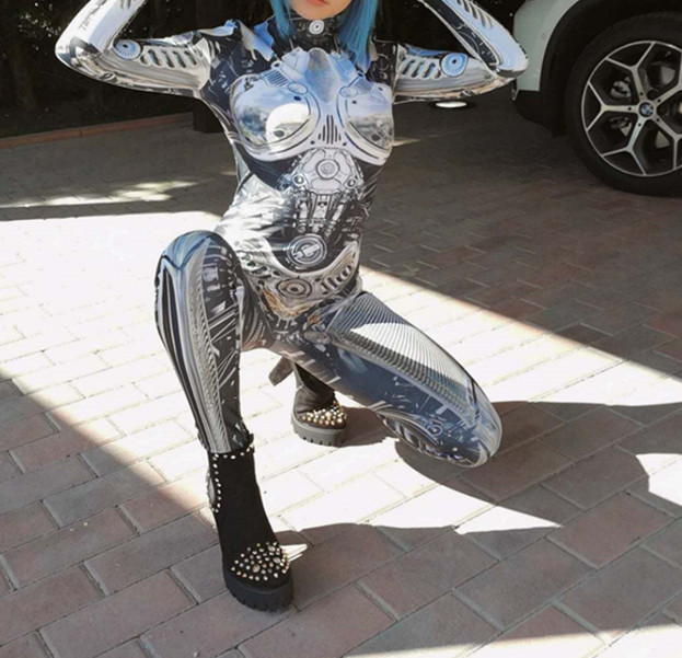 欧美新款2021连体紧身衣 时尚骨架3d数码印花连体服cosplay女