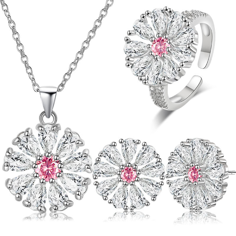 跨境平台热卖爆款锆石项链耳环戒指三件套太阳花花朵首饰套装欧美
