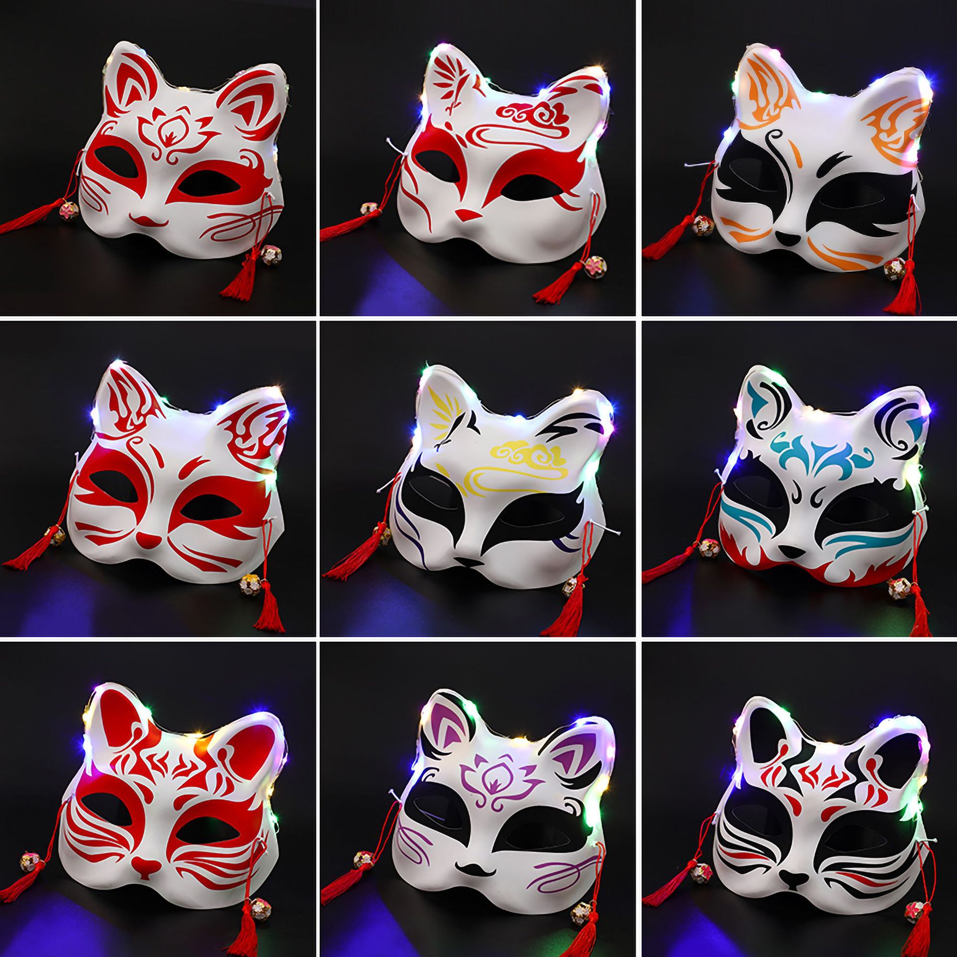 发光彩绘日式和风狐狸面罩古汉服化妆舞会cos动漫猫脸狐妖面具