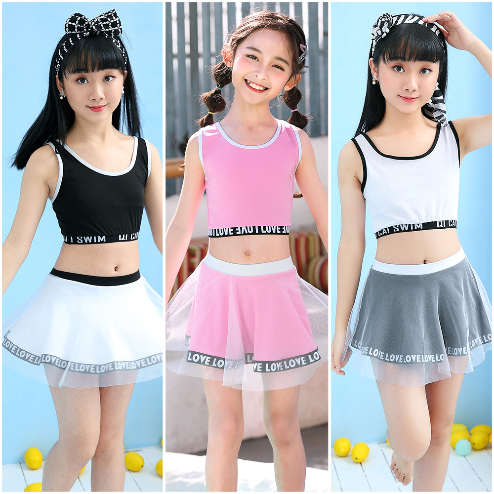 女童泳衣分体无袖防晒中大童裙式儿童速干两件套学生游泳衣批发