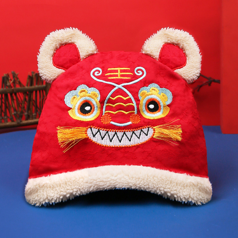 虎头帽婴儿帽子红色满月百天周岁宝宝帽胎帽秋冬中国风刺绣 htm31