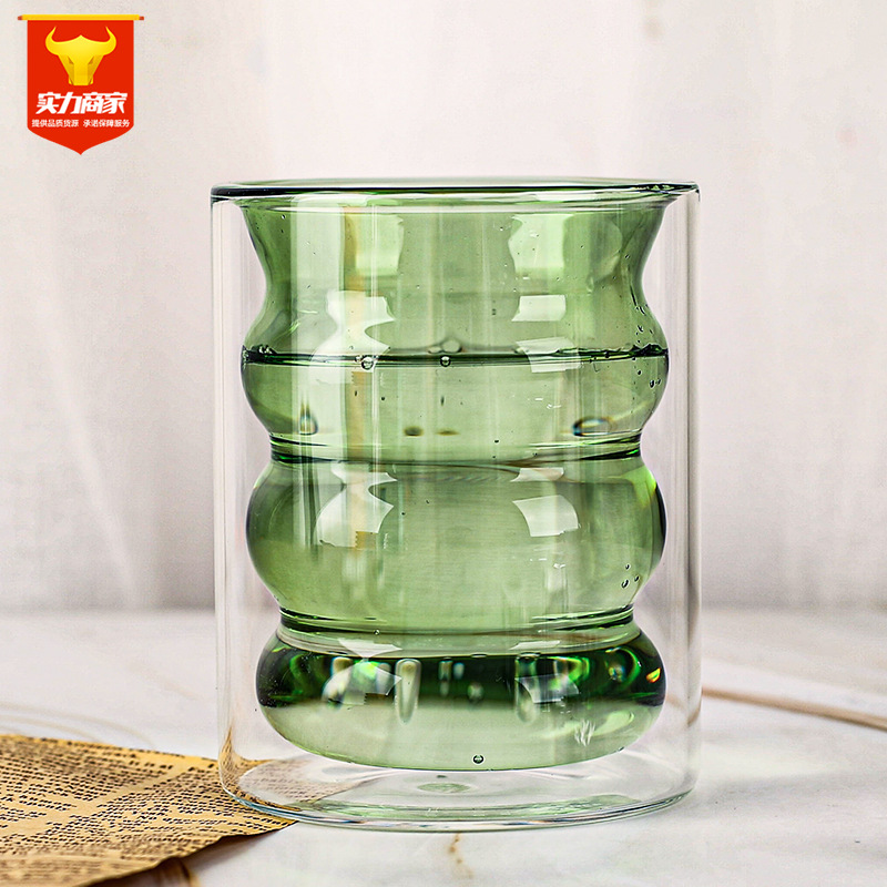 Double-Layer Coffee Cup Glass Household Color Double Transparent Spiral Milk Juice Borosilicate Glass Water Cup