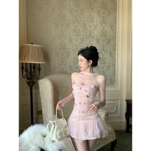 甜辣妹套装粉色立体花朵抹胸背心女2024早春新款纱裙半身裙两件套